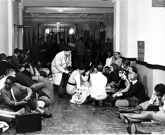 KU students demonstrate for civil rights at a sit-in in Strong Hall, 1965.