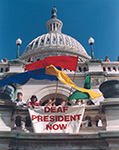 Gallaudet University students protest at the US Capitol, during their Deaf President Now movement, 1988.