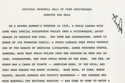 Image of Speech text: 'National Baseball Hall of Fame Anniversary,' 1985