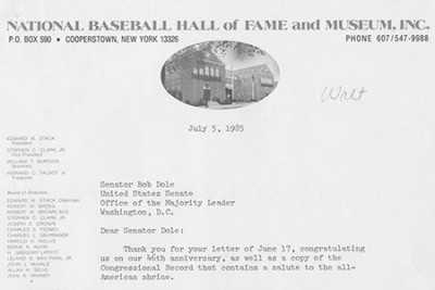 Scan of Thank You Letter from Howard C. Talbot Jr. of Baseball HOF to Dole, 1985
