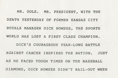 Image of Dole's speech on the death of Dick Howser, 1987