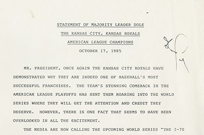 Photo of Dole's statement on the 1985 World Series