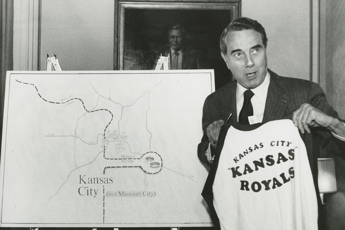 Dole showing that the Royals stadium is actually in Kansas